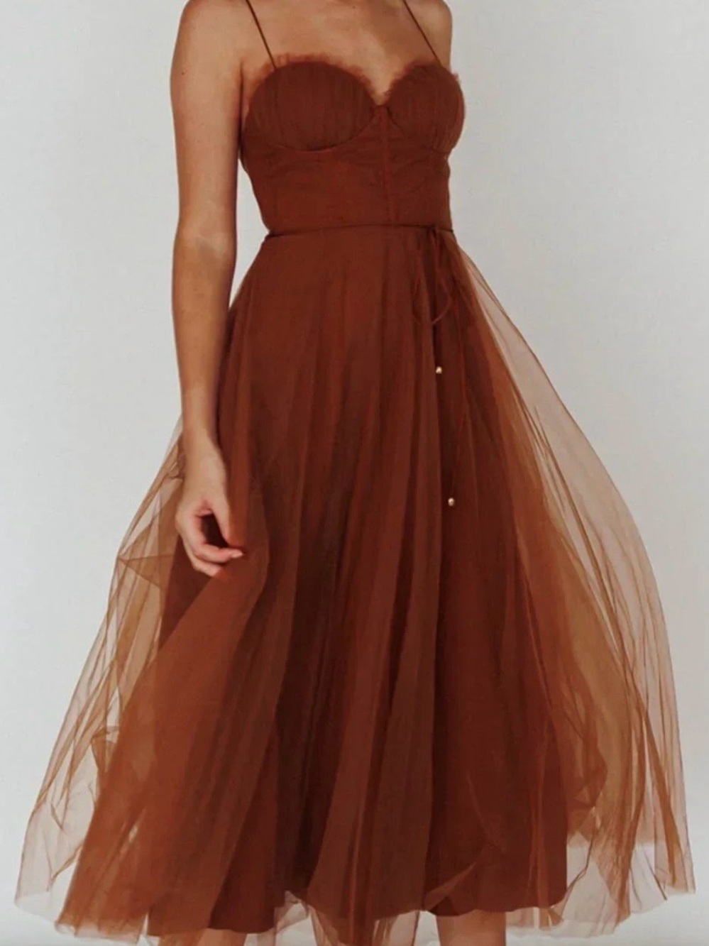 Brown Tulle Midi Dress with Corset Bodice